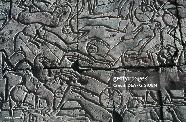 Bas-relief with battle scene, Ramesseum, Mortuary Temple of Rameses II, Luxor, Thebes , Egypt. Egyptian civilisation, New Kingdom, Dynasty XIX.