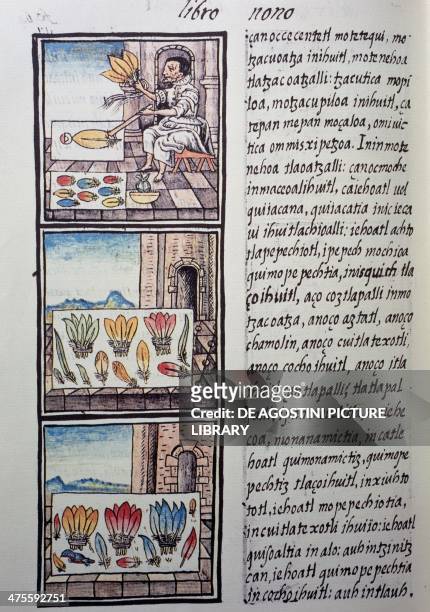 Feather processing after the Spanish conquest, page from the Florentine Codex, bilingual version in Spanish and Nahuatl, General History of the...
