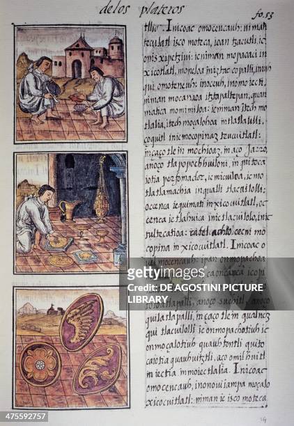 Tableware and shield production, page from the Florentine Codex, bilingual version in Spanish and Nahuatl, General History of the Things of New Spain...