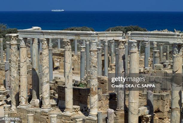 View of the theatre , Roman city of Leptis Magna , Tripoli, Libya. Roman civilisation.