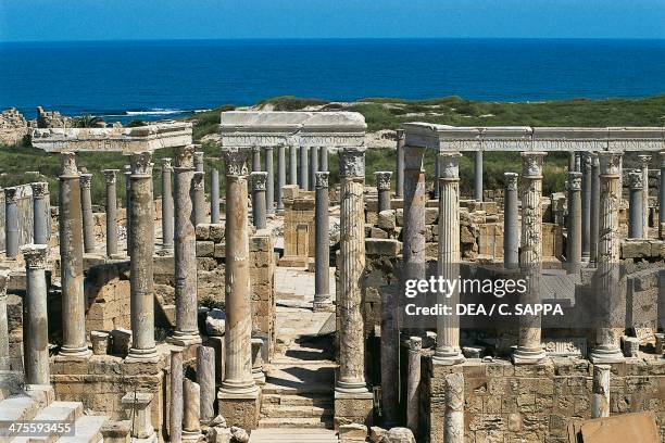 View of the theatre , Roman city of Leptis Magna , Tripoli, Libya. Roman civilisation.
