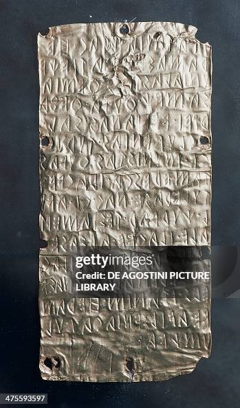 Etruscan Inscription Foil with Etruscan inscription, gold, 18.5 cm, found in Pyrgi, Lazio ...