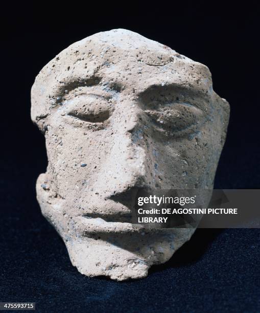 Terracotta male head, from the Necropolis of Marzabotto, Emilia Romagna, Italy. Etruscan civilisation. Marzabotto, Museo Nazionale Etrusco Pompeo Aria