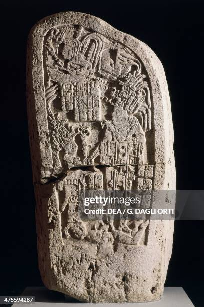 Stele 4, dated 30 November 849, from the Mayan archaeological site of Ucanal, Guatemala. Mayan civilisation, 9th century. Guatemala City, Museo...