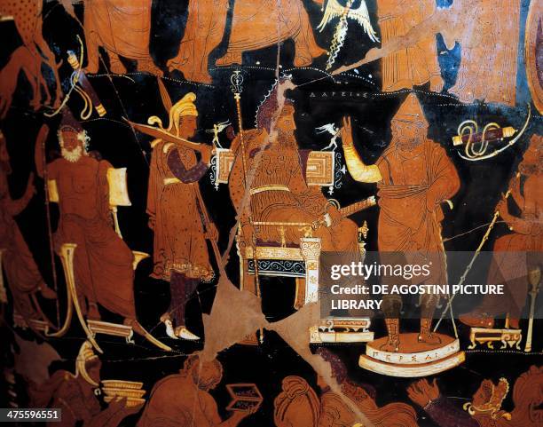 Darius on his throne, behind whom stand figures, presumably members of his bodyguard, carefully listening to a messenger standing erect in the king's...
