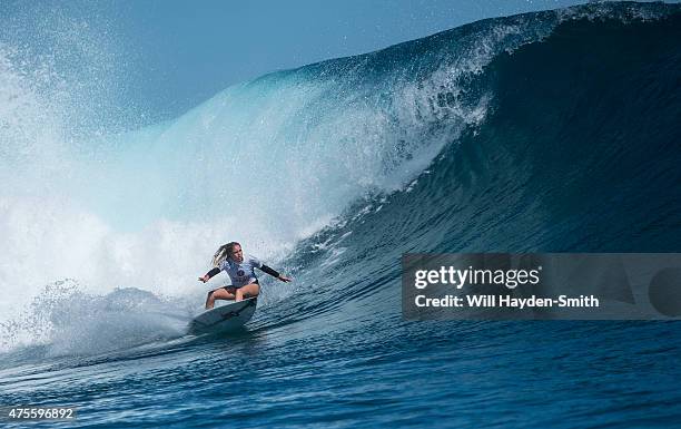 Laura Enever of Australia placing 2nd in her Round 3 heat in excellent surf which sees her progress to Round 4 on June 2, 2015 in Tavarua, Fiji.