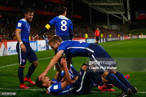 Rubio Rubin of the USA is congratulated on his goal during the FIFA U-20 World Cup New Zealand 2015 Group A match between New Zealand and the United...