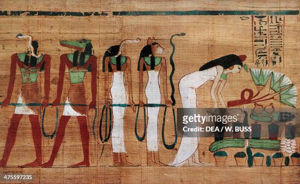 The deceased making libations in honour of the Gods, scene from the Book of the Dead, funerary papyrus. Egyptian civilisation, Third Intermediate...
