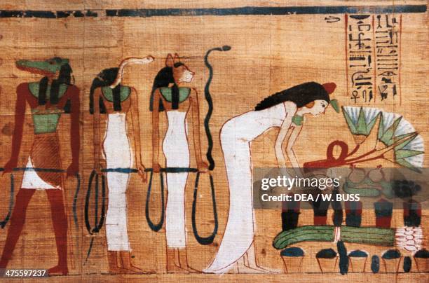 The deceased making libations in honour of the Gods, scene from the Book of the Dead, funerary papyrus. Egyptian civilisation, Third Intermediate...