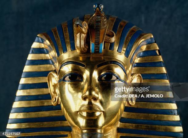 Funerary mask of Tutankhamun, gold, lapis lazuli, carnelian, quartz, obsidian, turquoise and glass paste, from the Tomb of Tutankhamun. Egyptian...