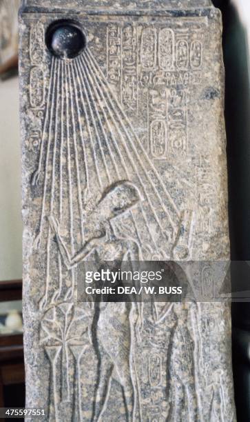 Relief depicting Akhenaton and his family worshipping Aton. Egyptian civilisation, New Kingdom, Dynasty XVIII. Detail. Cairo, Egyptian Museum