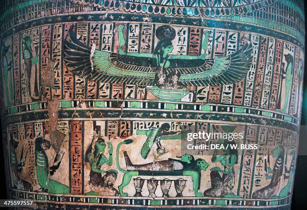 The Goddess Nut, top, and Isis, Nephthys, the deceased and his Ba, bottom, sarcophagus detail. Egyptian civilisation. Cairo, Egyptian Museum