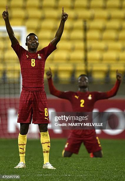 Kofi Yeboah and Emmanuel Ntim of Ghana celebrate their win during the FIFA Under-20 World Cup football match between Argentina and Ghana at...