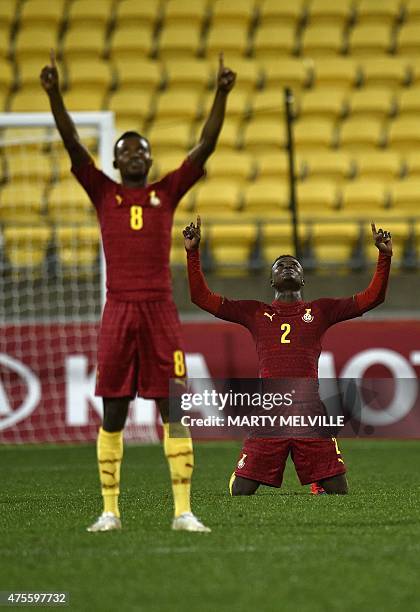 Kofi Yeboah and Emmanuel Ntim of Ghana celebrate their win during the FIFA Under-20 World Cup football match between Argentina and Ghana at...