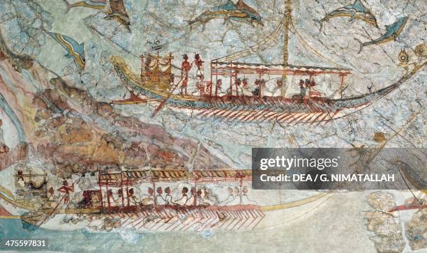 The Ship procession or Flotilla frieze, 1650 BC, fresco from Thera, Cyclades, Greece. Detail. Minoan civilisation, 2nd millennium BC.