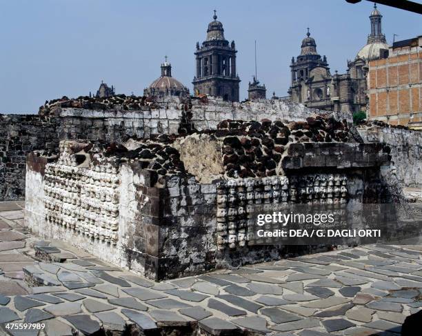 Tzompantli-shrine or Wall of skulls, Templo Mayor, Mexico City, Mexico. Aztec civilisation, ca 1500.