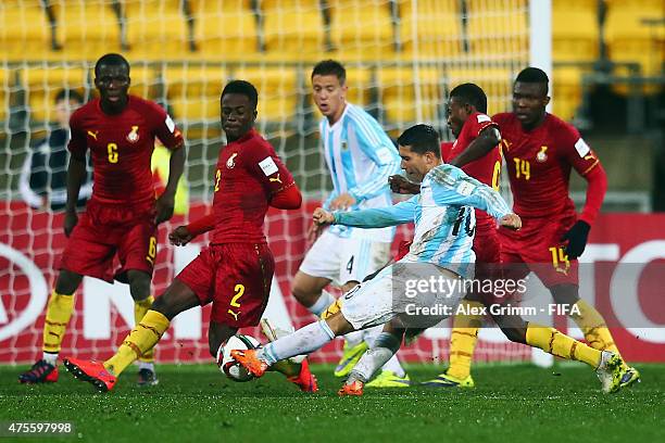 Tomas Martinez of Argentina is challenged by Emmanuel Ntim of Ghana during the FIFA U-20 World Cup New Zealand 2015 Group B match between Argentina...