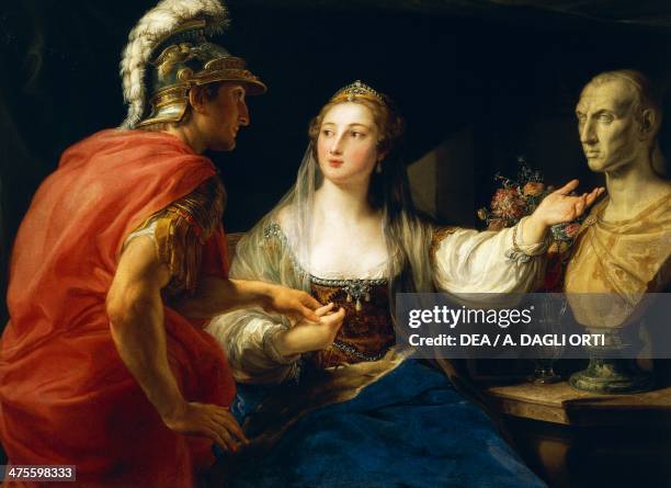 Cleopatra before Augustus ??or Cleopatra showing Octavius the bust of Julius Caesar, 1760-1770, by Pompeo Batoni , oil on canvas, 105x137 cm. 18th...