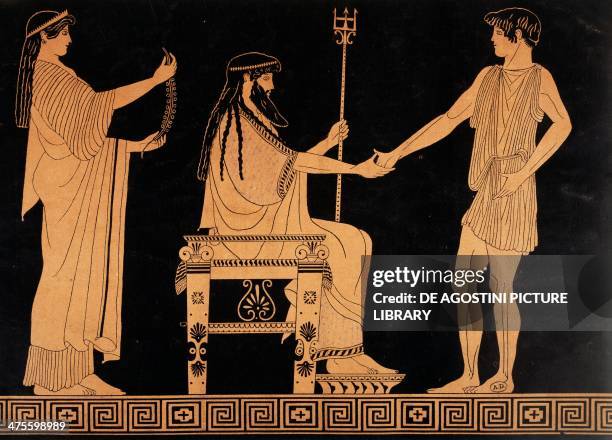 Vulcan and the gods of the sea, reproduction of a painting of a Greek vase found in Agrigento, Sicily, Italy. Greek civilisation. Paris, Bibliothèque...