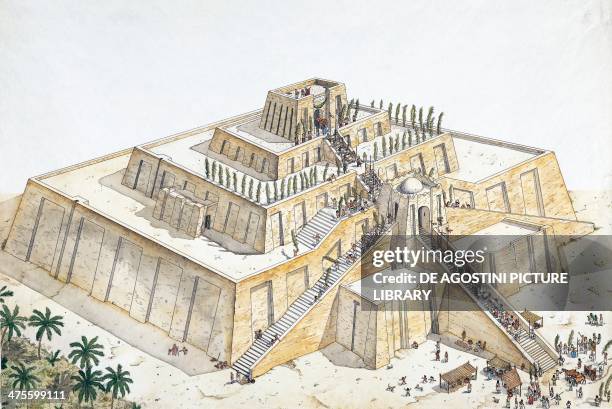 Reconstruction of the Ziggurat of Ur, drawing. Mesopotamian civilisation.