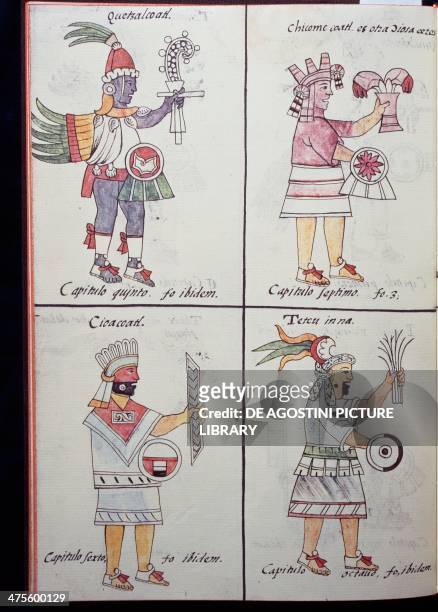 Quetzalcoatl, Chicomecoatl, Cihuacoatl and Tetcu, gods of the ancient Mexicans, page from the Florentine Codex, bilingual version in Spanish and...