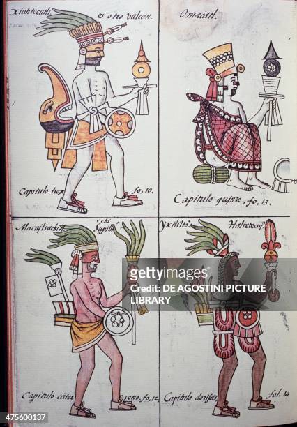 Xiuhtecuhtli, Omacatl , Macuilxochitl and Ixtlilton, gods of the ancient Mexicans, page from the Florentine Codex, bilingual version in Spanish and...
