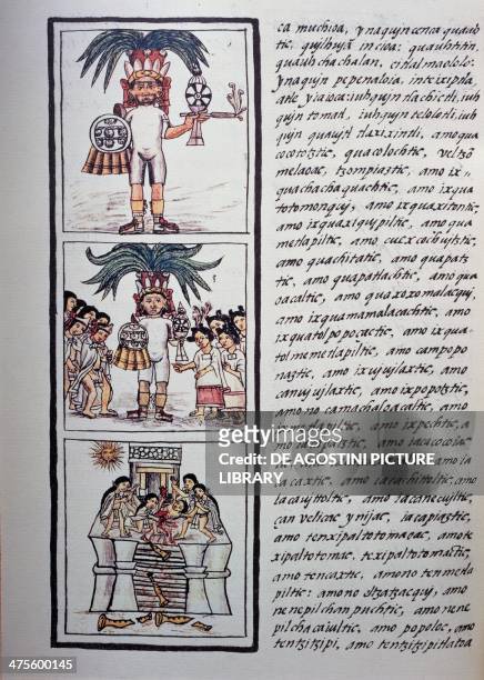 Festivities and celebrations, Festival of Toxcatl and his victim, page from Book II of the Florentine Codex, bilingual version in Spanish and...