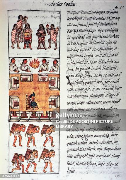Aztec society, musicians, the king and merchants, text in Nahuati, from the facsimile of the manuscript General History of the Things of New Spain,...