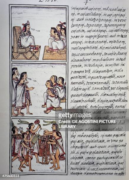 Aztec society, the king and his court, the provisions of the judges, dancers and musicians, page from Book IV of the Florentine Codex, bilingual...