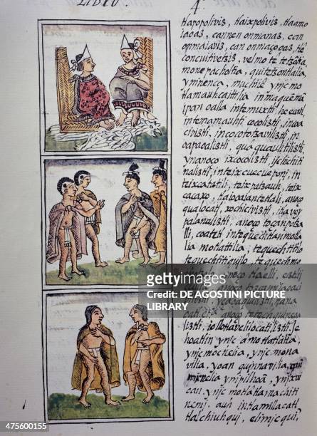 Aztec society, Lords and noblemen, page from Book IV of the Florentine Codex, bilingual version in Spanish and Nahuatl, General History of the Things...