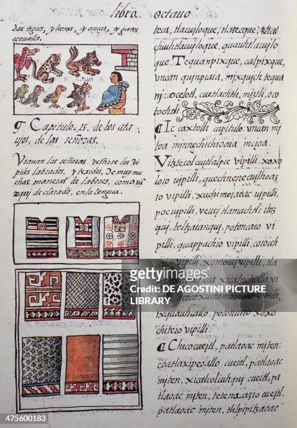 Huipil, female garment worn by nobility with embroidered blouses, page from Book VIII of the Florentine Codex, bilingual version in Spanish and...