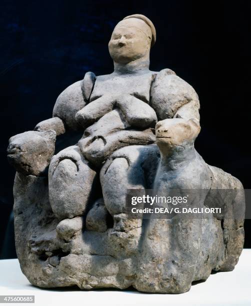 Seated goddess on a throne flanked by two lionesses from Catalhoyuk, Turkey. Neolithic civilisation, 7th-5th millennium BC. Ankara, Anadolu...