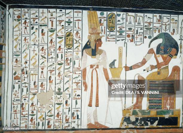 Chapter 94 of the Book of the Dead, Nefertari standing in front of the god Thoth, the ibis-headed scribe, fresco, north wall, east side chamber, Tomb...