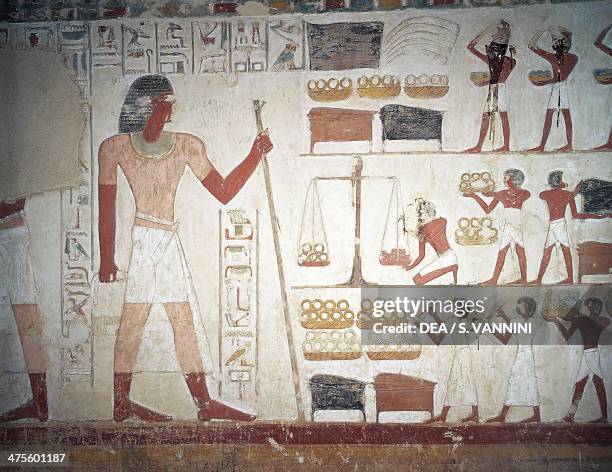 The weighing of copper, fresco, Tomb of Userhat, tutor and scribe during the reign of Amenhotep II, also known as tomb TT56, Sheikh Abd el-Qurna,...