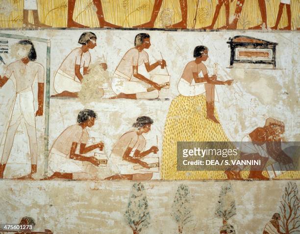 Harvesting the crop, threshing and winnowing of the grain, detail from the frescoes in the vestibule of the Tomb of Menna, Sheikh Abd el Qurnah...
