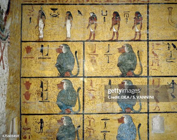Baboons, 1st hour of the Book of Amduat, detail from the frescoes in the burial chamber of the Tomb of Tutankhamun, Valley of the Kings, Luxor,...