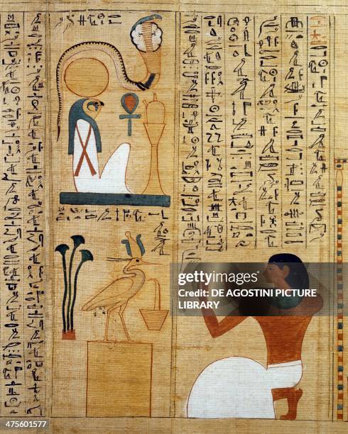 Hymn to the god Ra and to the sacred bird, two forms of the Sun, detail from the Mythological papyrus of Imenemsauf, chief bearer of Amon. Egyptian...