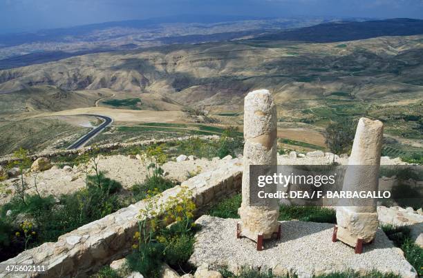 Roman milestones and views of the Holy Land, Memorial of Moses, Mount Nebo, Jordan.