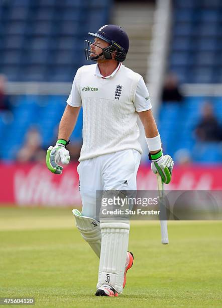 England batsman Ian Bell reacts after being dismissed during day five of the 2nd Investec test match between England and New Zealand at Headingley on...