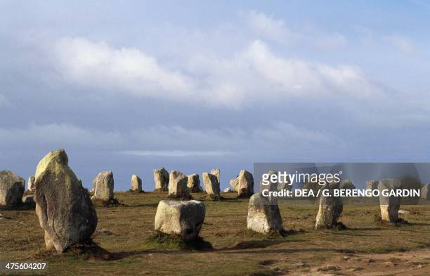 Alignments of standing stones in Menec at Carnac, Brittany, France. Neolithic era.