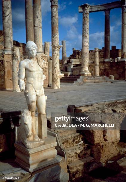 The stage in the Theatre , Roman city of Leptis Magna , Tripoli, Libya. Roman civilisation.