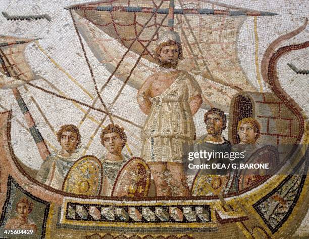 Ulysses tied to a ship's mast, detail of the Roman mosaic of Ulysses and the Sirens from the House of Dionysos and Odysseus, Thugga , Tunisia. Roman...
