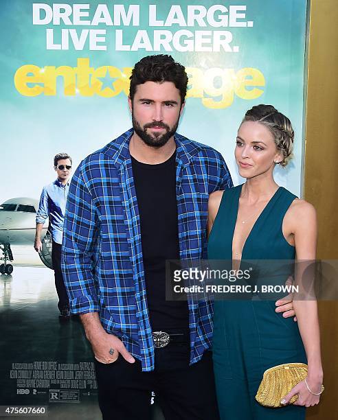 Brody Jenner, son of Bruce/Caitlyn, poses with Kaitlynn Carter on arrival for the premiere of the film "Entourage" in Los Angeles, California on June...