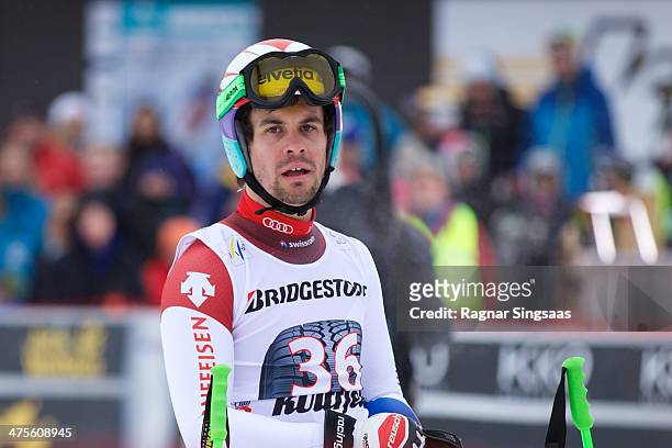 Sandro Viletta of Switzerland reacts in the finish area during the Audi FIS Alpine Ski World Cup Men's Downhill on February 28, 2014 in Ringebu,...