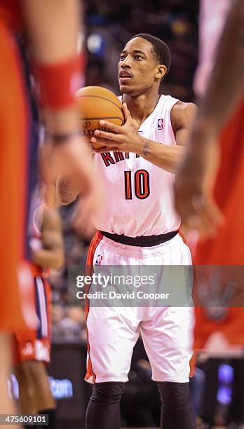 Toronto Raptors shooting guard DeMar DeRozan at the line during the game between the Toronto Raptors and the Washington Wizards Air Canada Centre...