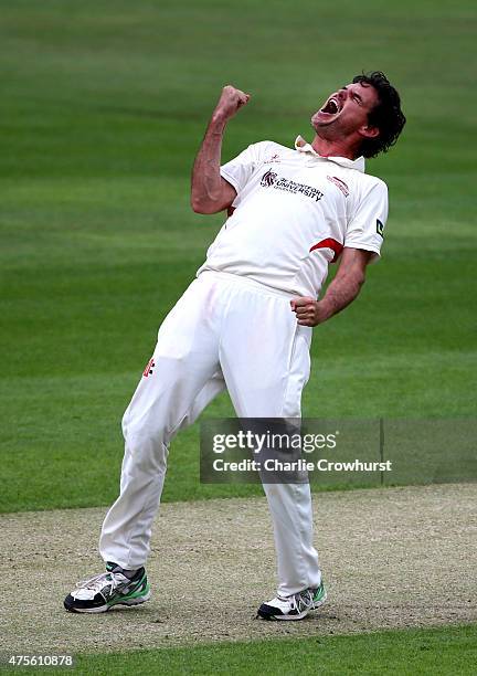 Clinton McKay of Leicestershire celebrates after dismissing Ravi Bopara of Essex for LBW during day three of the LV County Championship Division Two...