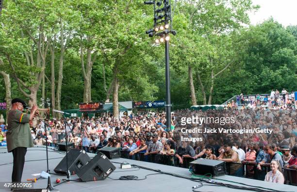 South African Jazz musician Hugh Masekela plays fluegelhorn onstage at Central Park SummerStage, New York, New York, June 26, 2011.