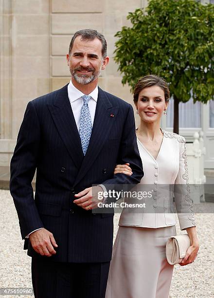 King Felipe VI of Spain and Queen Letizia of Spain leave after a meeting with French President Francois Hollande at the Elysee Palace on June 2, 2015...