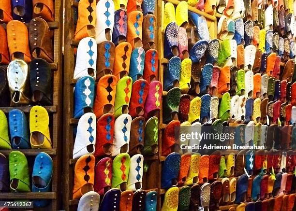 Handcrafted artisan slippers on sale in the traditional marketplace of Marrakech's medina, also known as the souk.