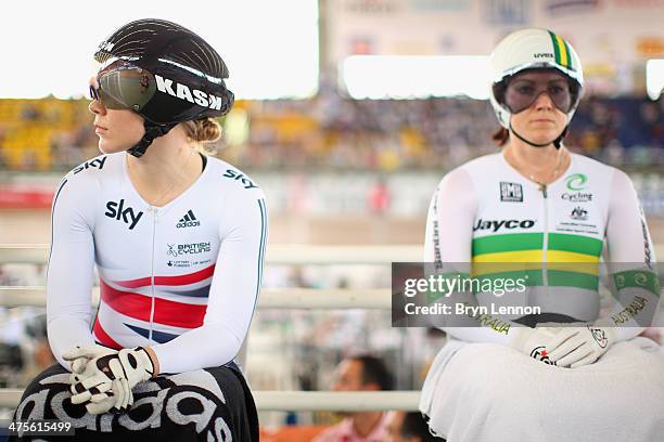 Jessica Varnish of Great Britain rode against Anna Meares of Australia in the 1/8 round of the Women's Sprint during day three of the 2014 UCI Track...